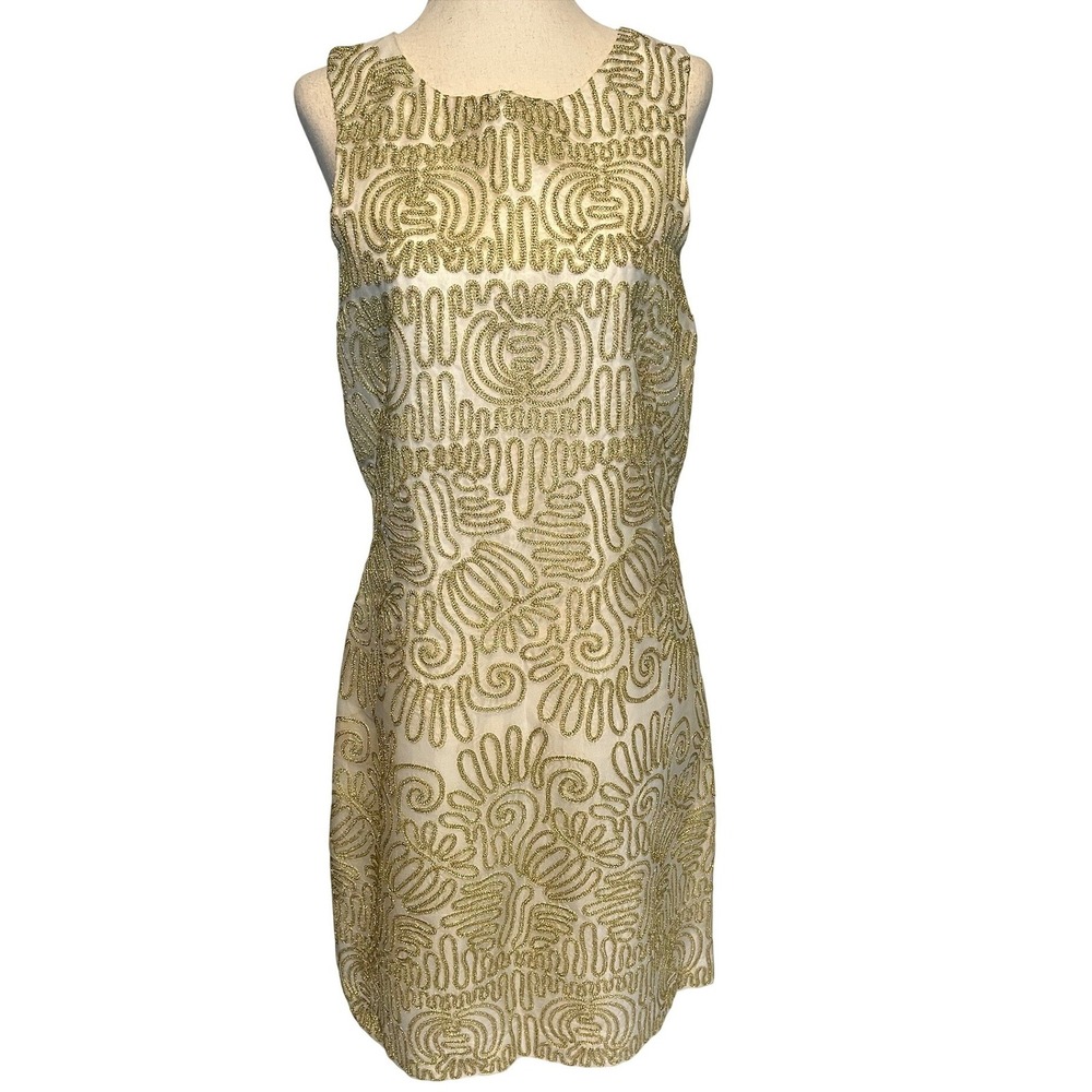 Nicole Miller Size 12 Silk Sleeveless Cocktail Dress White Gold Embroidery Event